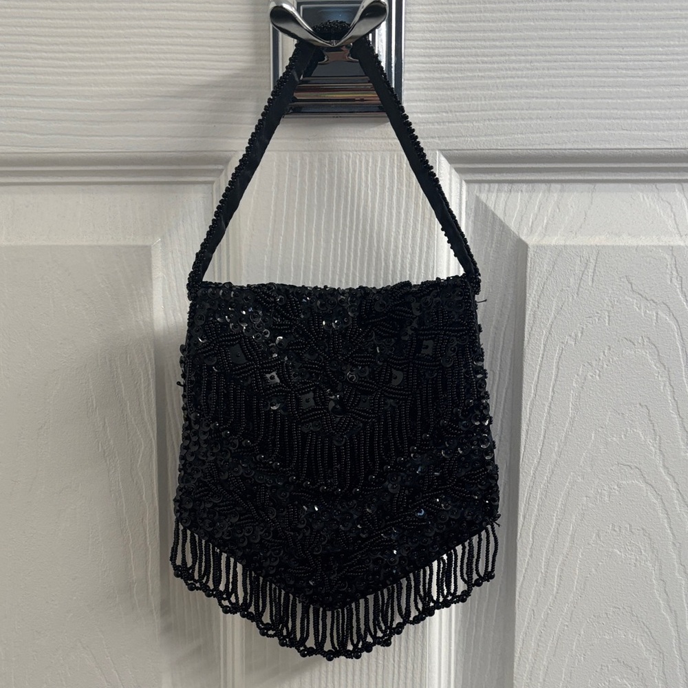 Vintage Handmade Black Beaded Fringe Evening Bag - For Ganson of California